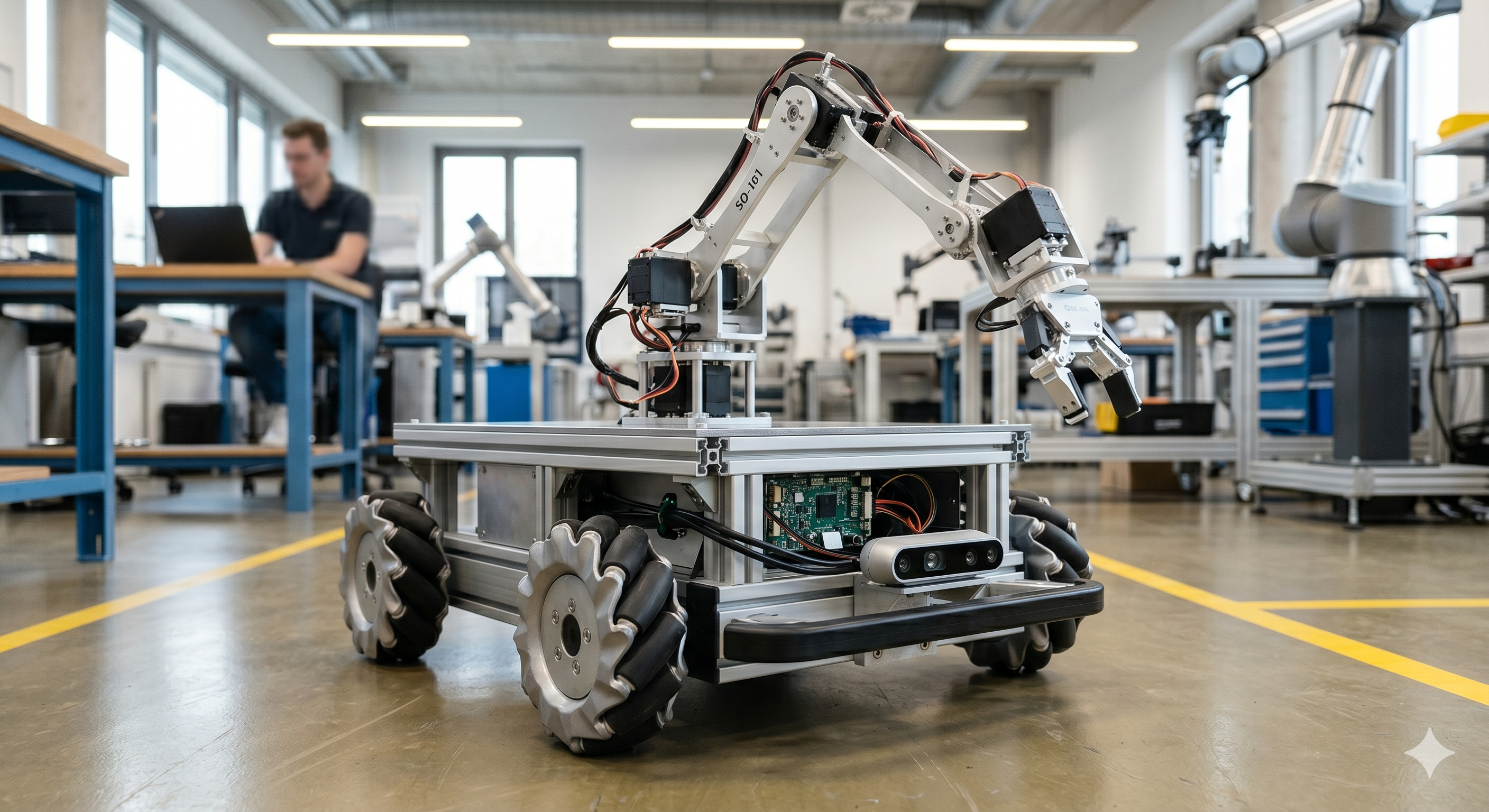 Autonomous mobile robot with 5-axis robotic arm in a lab environment